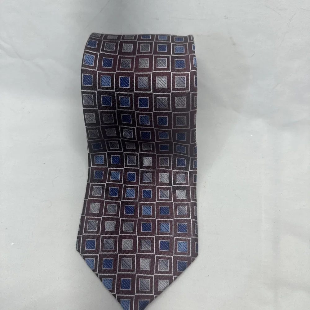 Pronto Uomo Necktie Mens OS Burgundy Blue Silver Geometric Square Silk Hand Made